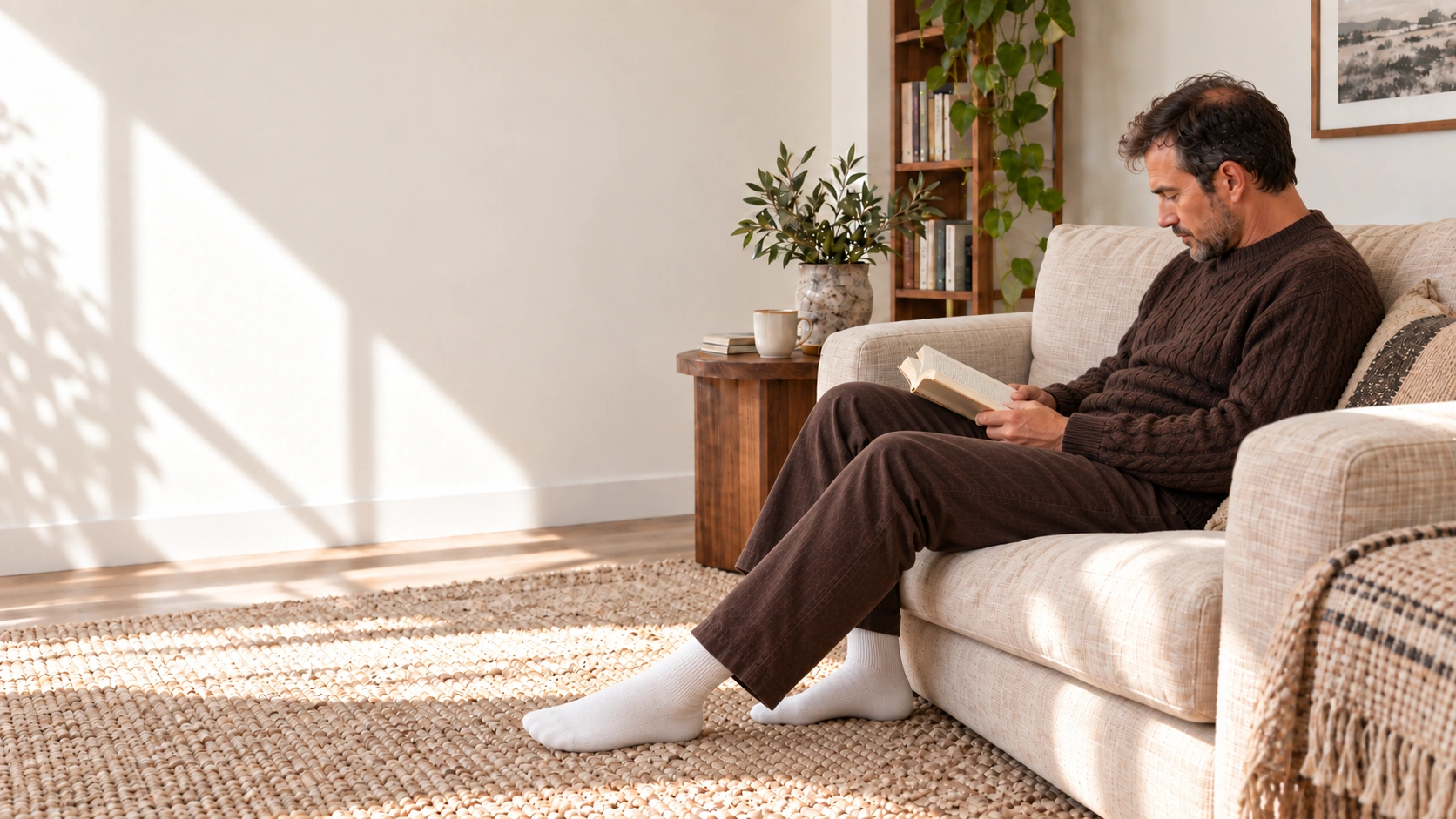 AI campaign concept: An unhurried sunny afternoon on a linen sofa. White short-crew socks with a small brown mark; not a physical sample.