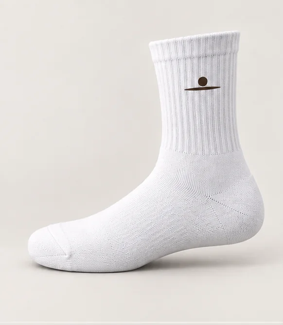 Original Nagolto white short-crew sock concept with brown sun-and-ellipse mark