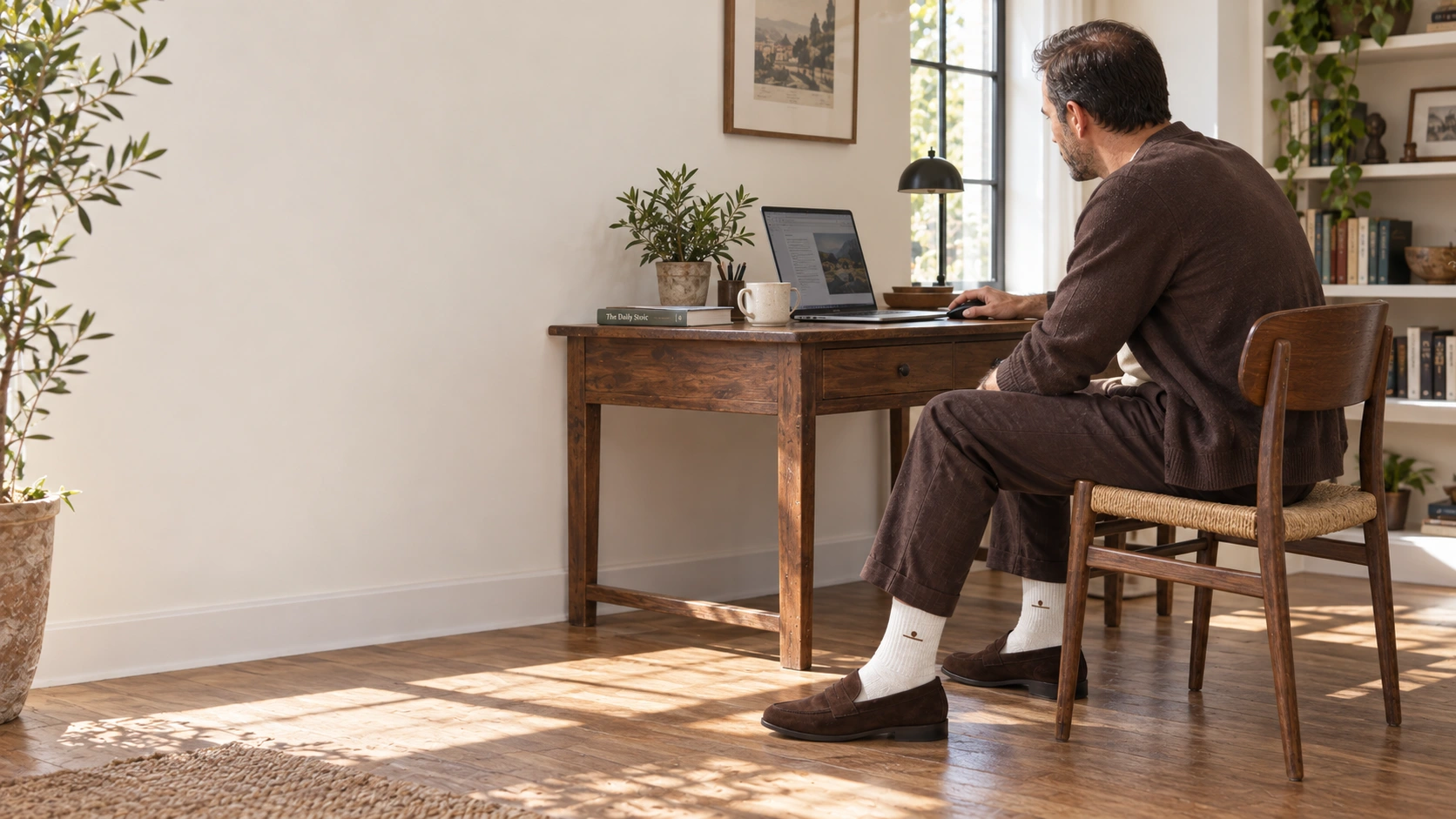 AI campaign concept: A sunlit workday at a personal walnut desk. White short-crew socks with a small brown mark; not a physical sample.